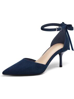 Women's Navy Kitten Low Heels Closed Pointed Toe Pumps Bow Ankle Strap Shoes